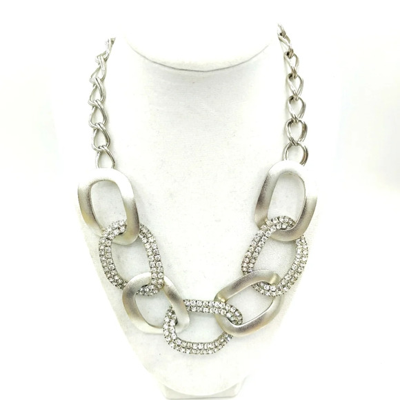Chain Link Necklace with Bling / Silvertone - Picture 1 of 4